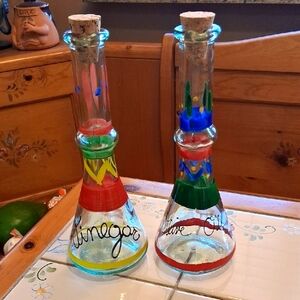 Hand-Painted Oil & Vinegar Tall Clear Glass Bottles Cruets Set W/Pourer. Italy.